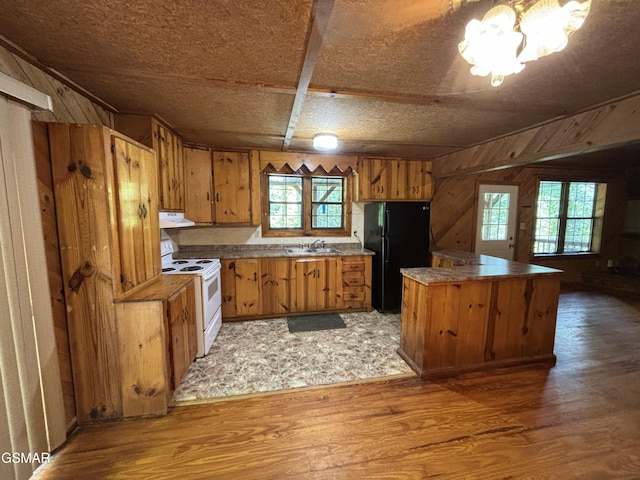 kitchen with black fridge, sink, white electric range oven, and dark wood-type flooring