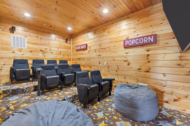 cinema with wood ceiling, recessed lighting, and visible vents