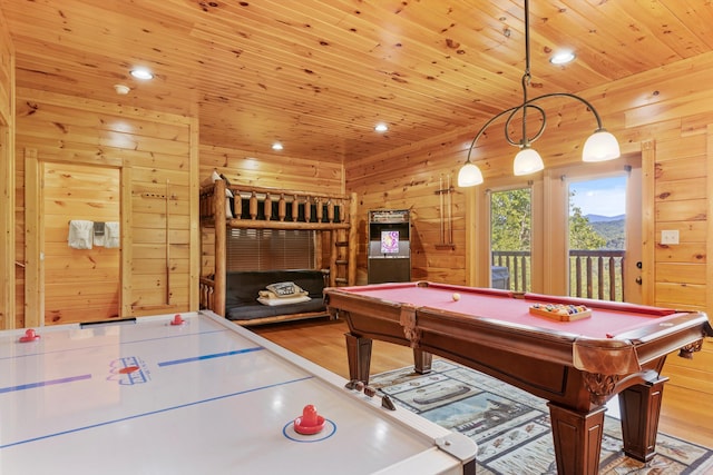 playroom with pool table, wooden walls, wood finished floors, and wood ceiling