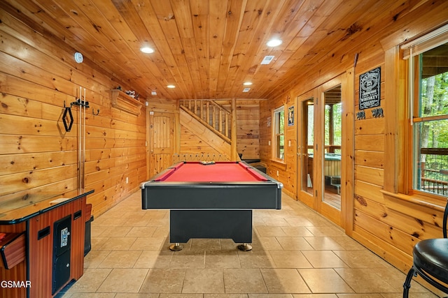 game room with wooden ceiling, wood walls, billiards, and recessed lighting