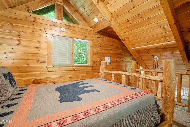 bedroom with vaulted ceiling with beams, wood walls, carpet, and wood ceiling