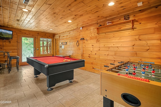 rec room featuring wood ceiling, wooden walls, visible vents, and recessed lighting