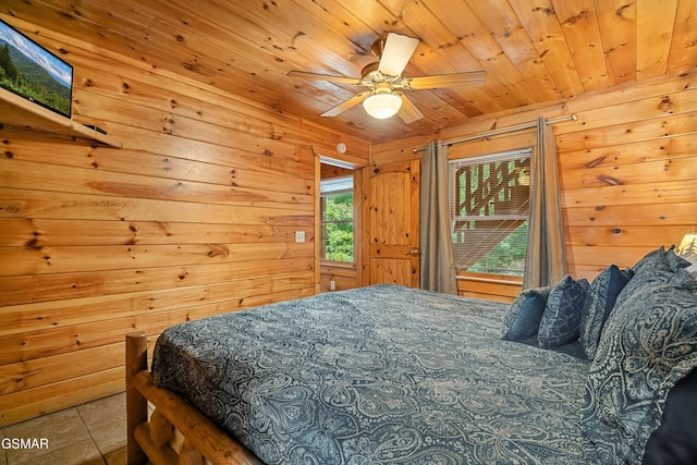 bedroom with wooden ceiling, tile patterned flooring, a ceiling fan, and wooden walls