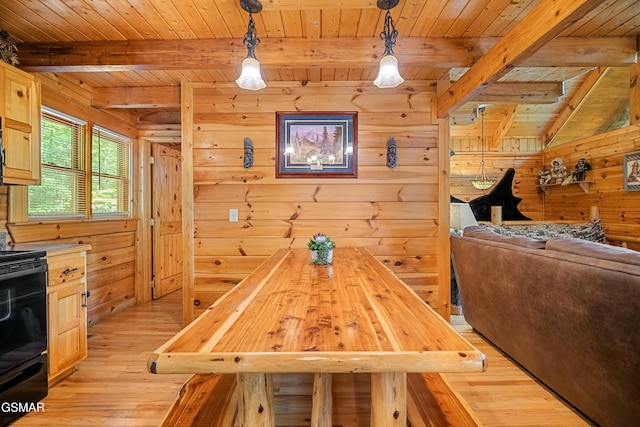 dining room with wood ceiling, light wood finished floors, beam ceiling, and wooden walls