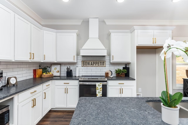 kitchen featuring white cabinets, backsplash, appliances with stainless steel finishes, and premium range hood