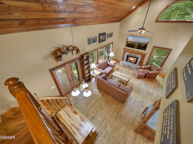 3541 Twin Pines Way, Sevierville, TN 37876 - living area featuring high vaulted ceiling, wood ceiling, wood finished floors, a ceiling fan, and a fireplace