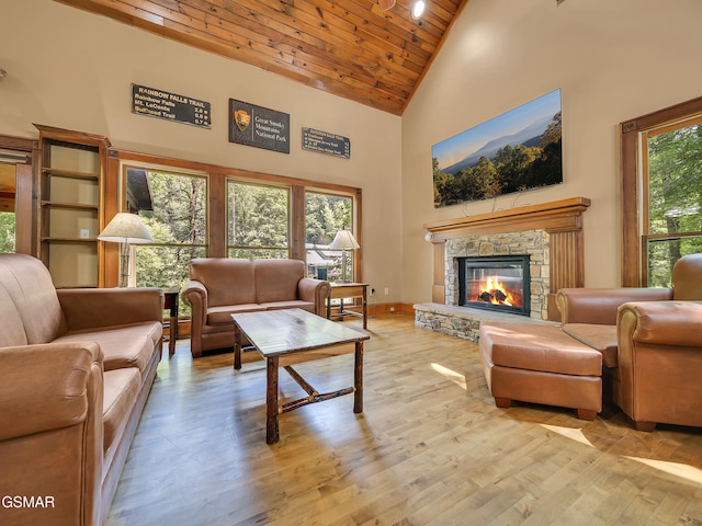 3541 Twin Pines Way, Sevierville, TN 37876 - living room featuring high vaulted ceiling, a fireplace, wood finished floors, wood ceiling, and baseboards