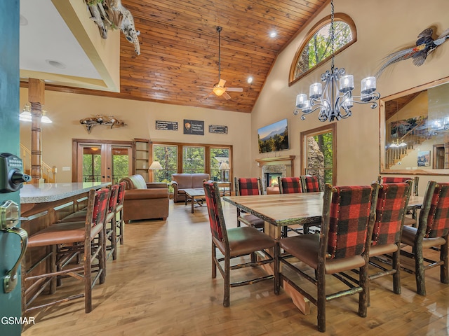 3541 Twin Pines Way, Sevierville, TN 37876 - dining space with high vaulted ceiling, wooden ceiling, ceiling fan, plenty of natural light, and hardwood / wood-style flooring