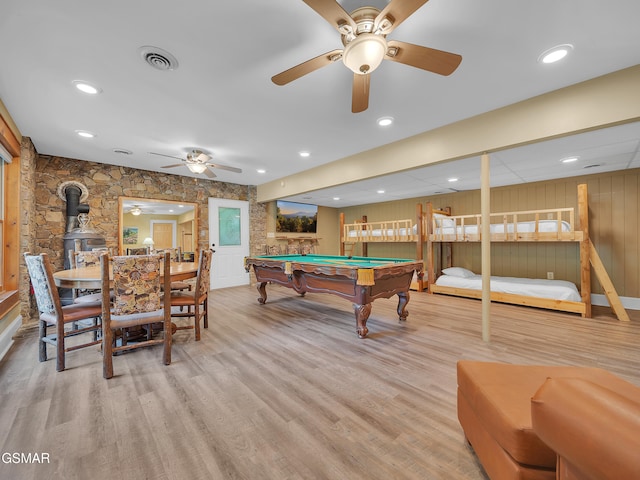3541 Twin Pines Way, Sevierville, TN 37876 - playroom featuring a ceiling fan, a wood stove, wood finished floors, pool table, and recessed lighting