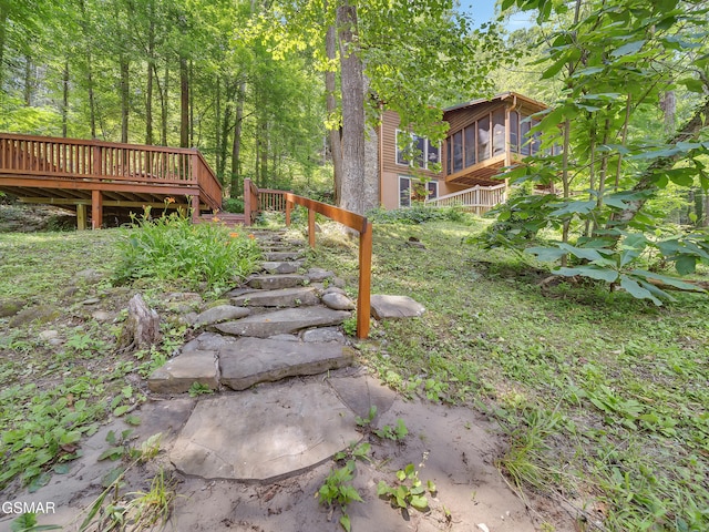 3541 Twin Pines Way, Sevierville, TN 37876 - view of yard featuring a sunroom, stairs, a deck, and a view of trees