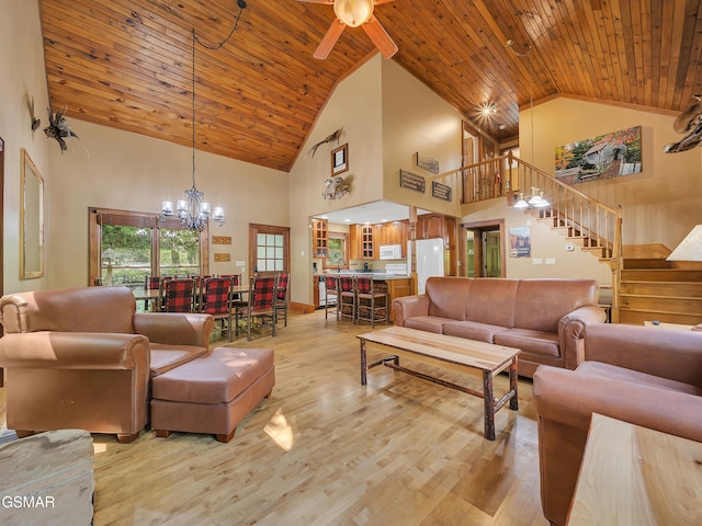 3541 Twin Pines Way, Sevierville, TN 37876 - living room featuring high vaulted ceiling, stairway, a chandelier, light wood finished floors, and ceiling fan