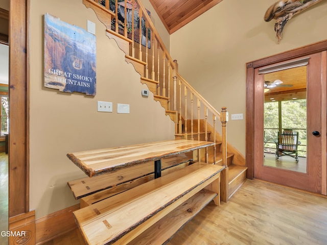 3541 Twin Pines Way, Sevierville, TN 37876 - staircase featuring wood finished floors, wooden ceiling, and baseboards
