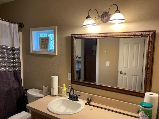 bathroom with a shower with curtain, vanity, and toilet