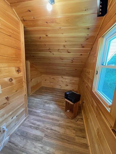 additional living space with wood walls, wood-type flooring, wood ceiling, and vaulted ceiling