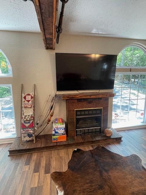 interior details with wood-type flooring and a textured ceiling