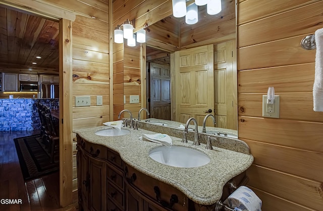 2422 Majestic View Way, Sevierville, TN 37862 - full bath with wooden walls, double vanity, hardwood / wood-style flooring, and wooden ceiling