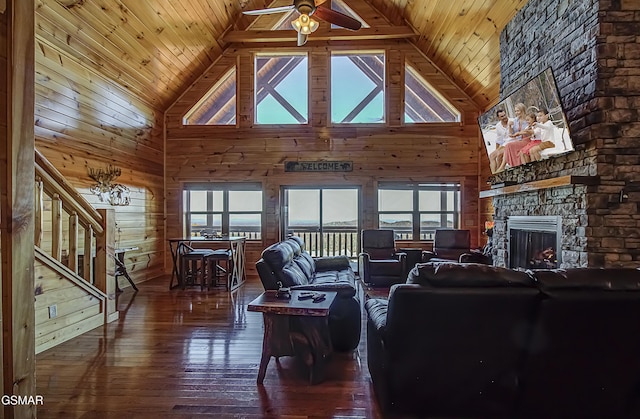 2422 Majestic View Way, Sevierville, TN 37862 - living room featuring wood walls, high vaulted ceiling, plenty of natural light, wood-type flooring, and stairs