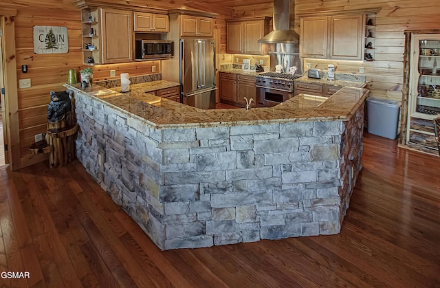 2422 Majestic View Way, Sevierville, TN 37862 - kitchen with high end appliances, open shelves, wall chimney range hood, dark wood finished floors, and light stone counters
