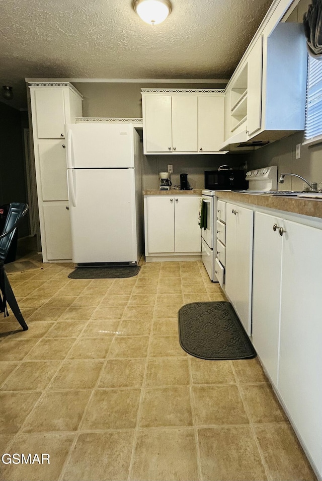 kitchen featuring white appliances, open shelves, a sink, white cabinets, and a textured ceiling