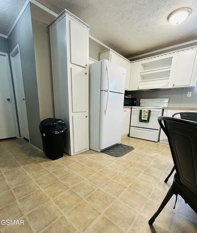 kitchen with open shelves, a textured ceiling, white appliances, white cabinets, and light countertops