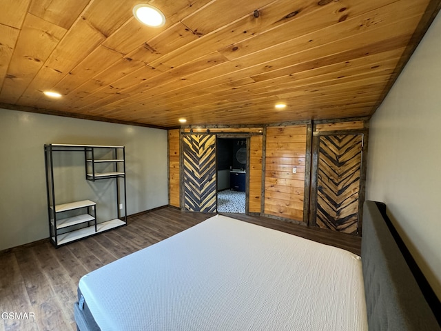 unfurnished bedroom with recessed lighting, wooden ceiling, dark wood finished floors, and baseboards