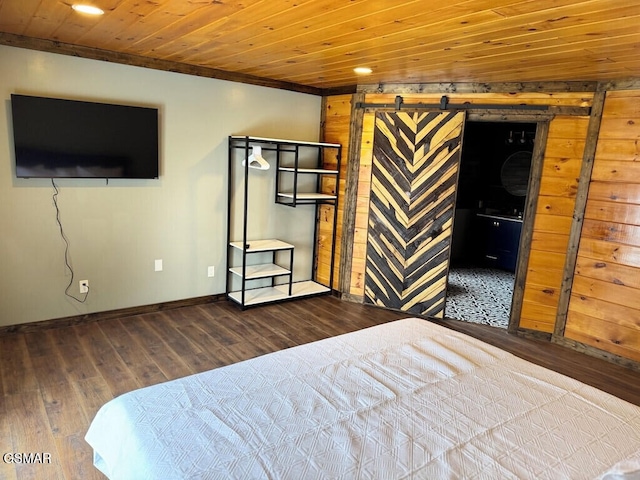 unfurnished bedroom with recessed lighting, wood ceiling, baseboards, and wood finished floors