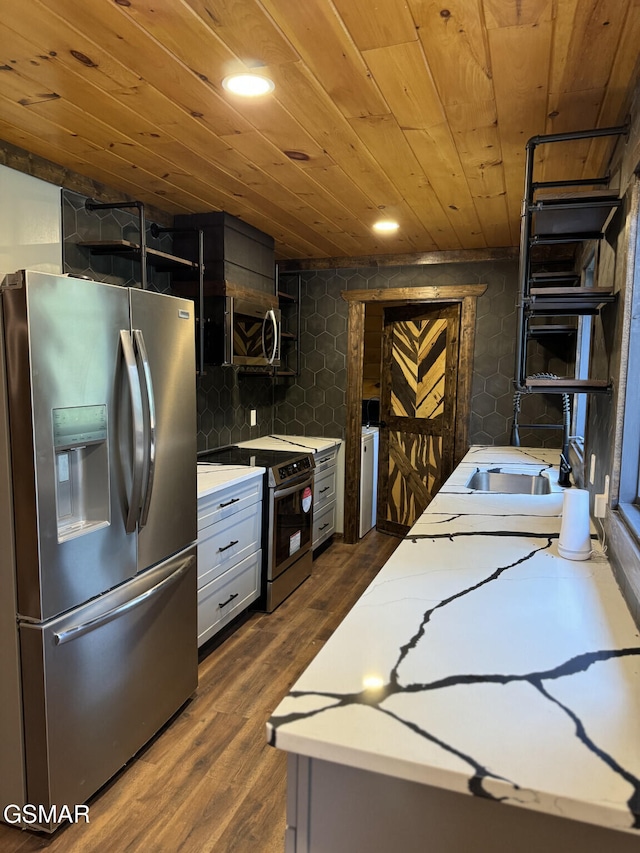 kitchen featuring white cabinets, wood ceiling, appliances with stainless steel finishes, dark wood-type flooring, and open shelves