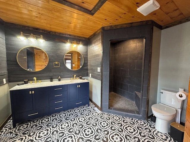 full bath with toilet, a stall shower, wood ceiling, and tile patterned floors