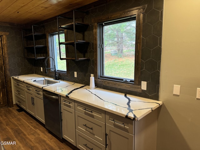 kitchen with dishwasher, dark wood-type flooring, light countertops, open shelves, and a sink