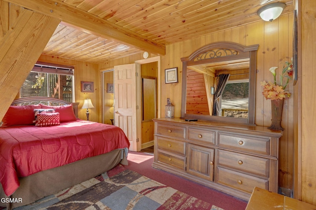 bedroom featuring beamed ceiling, wood walls, and wood ceiling