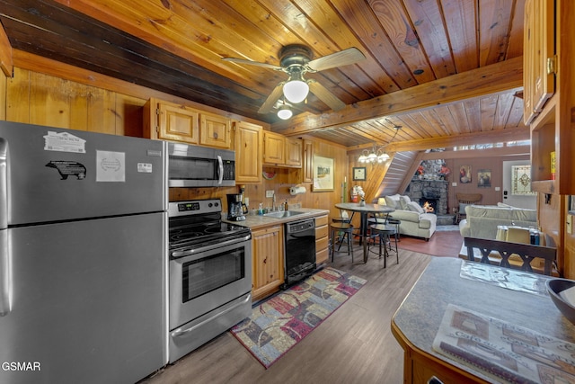 kitchen with open floor plan, wood ceiling, light wood-style flooring, appliances with stainless steel finishes, and a ceiling fan