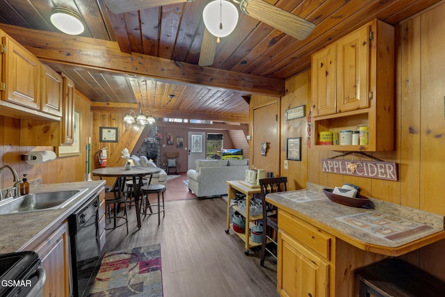 kitchen with electric range oven, a sink, black dishwasher, wood ceiling, and wood walls