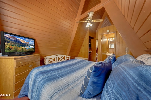 bedroom with wood walls, wooden ceiling, and vaulted ceiling with beams