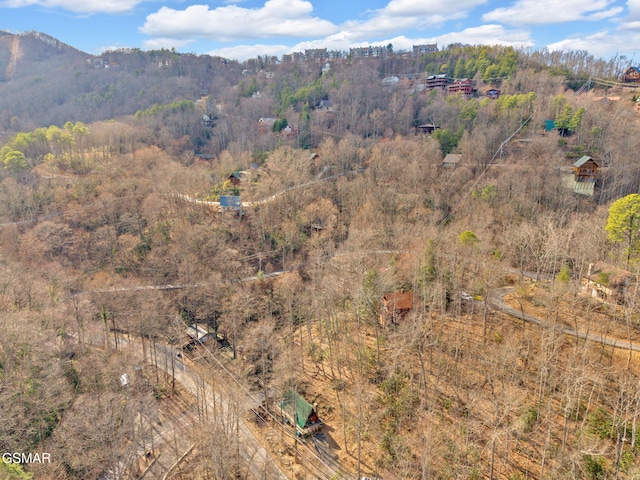 bird's eye view featuring a mountain view and a view of trees