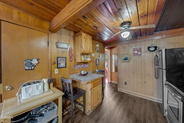 kitchen with a ceiling fan, wooden ceiling, dark wood-style flooring, and electric stove