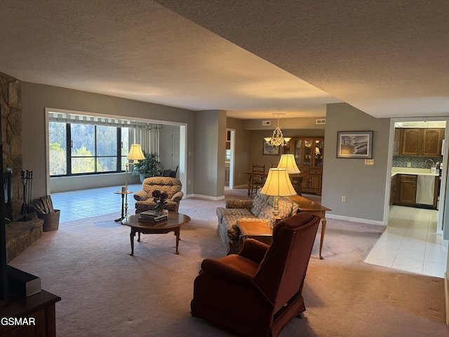 living room with light carpet, light tile patterned flooring, and a stone fireplace