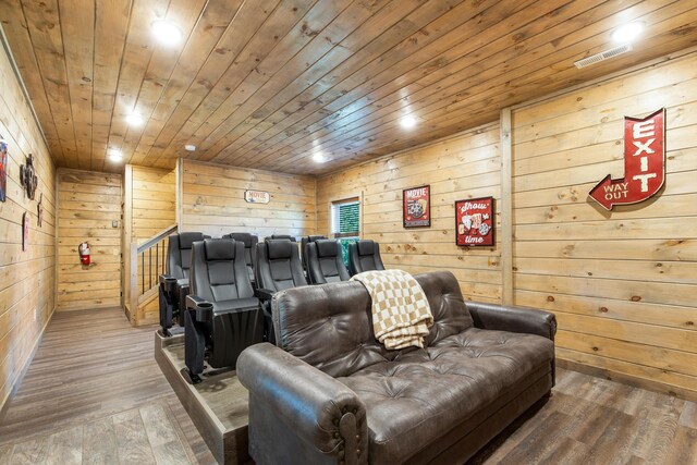 home theater room with hardwood / wood-style flooring, wood ceiling, and wooden walls