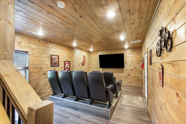 home theater featuring wood-type flooring, wooden ceiling, and wooden walls