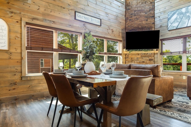 dining space featuring wood walls, plenty of natural light, and dark wood-type flooring