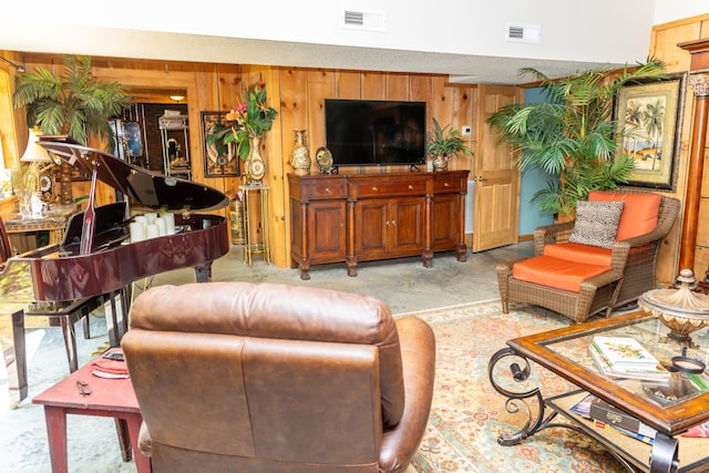 living room with wooden walls