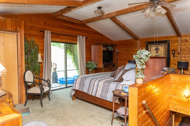 carpeted bedroom featuring ceiling fan, lofted ceiling with beams, and access to outside