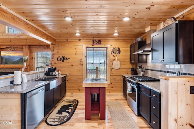 kitchen with light wood finished floors, appliances with stainless steel finishes, wooden ceiling, and a sink