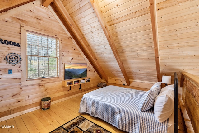 bedroom with hardwood / wood-style flooring, wooden ceiling, vaulted ceiling with beams, and wooden walls
