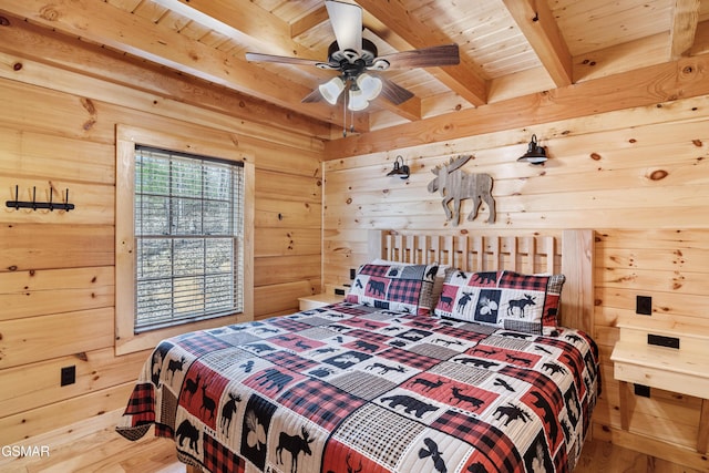 bedroom with wood ceiling, wood walls, wood finished floors, and beamed ceiling