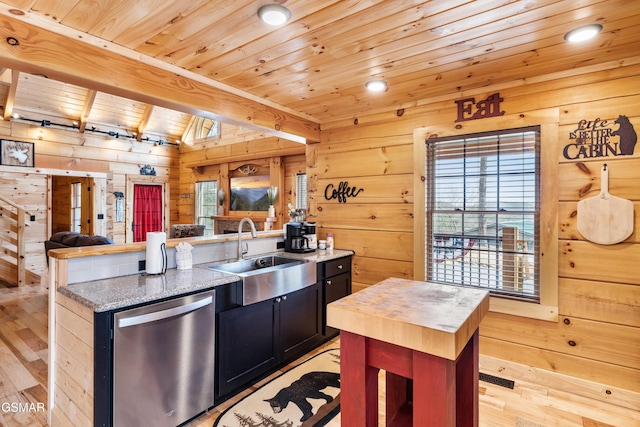 kitchen featuring stainless steel dishwasher, a sink, a center island with sink, wooden ceiling, and wooden counters