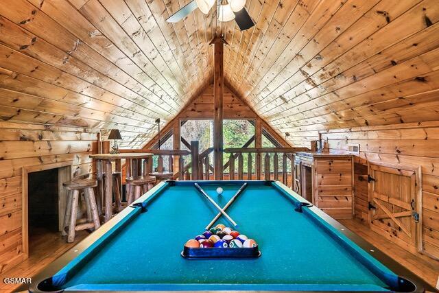 recreation room featuring ceiling fan, wooden ceiling, billiards, and vaulted ceiling