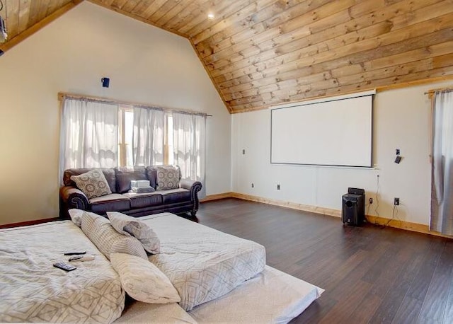 cinema room featuring dark hardwood / wood-style floors, high vaulted ceiling, and wood ceiling