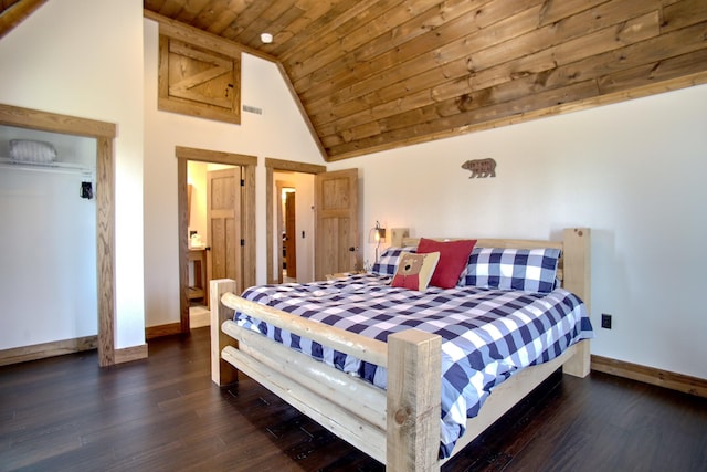 bedroom with dark hardwood / wood-style flooring, high vaulted ceiling, and wood ceiling