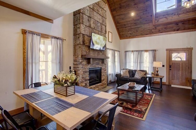 living room featuring a fireplace, high vaulted ceiling, wood ceiling, and dark hardwood / wood-style floors