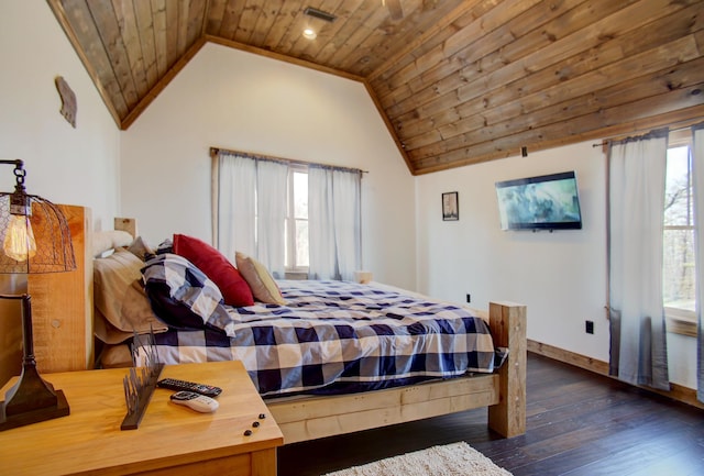 bedroom with vaulted ceiling, multiple windows, wood ceiling, and dark hardwood / wood-style floors